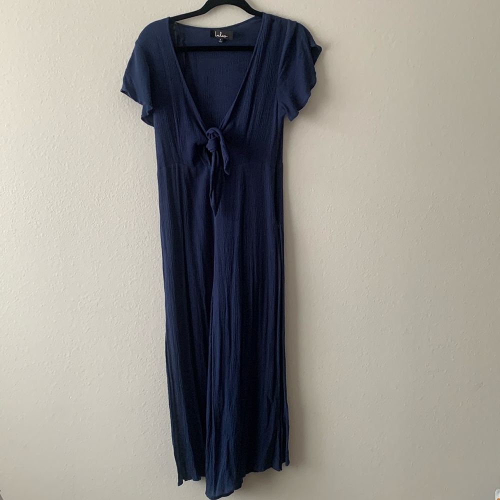 Navy tie front jumpsuit